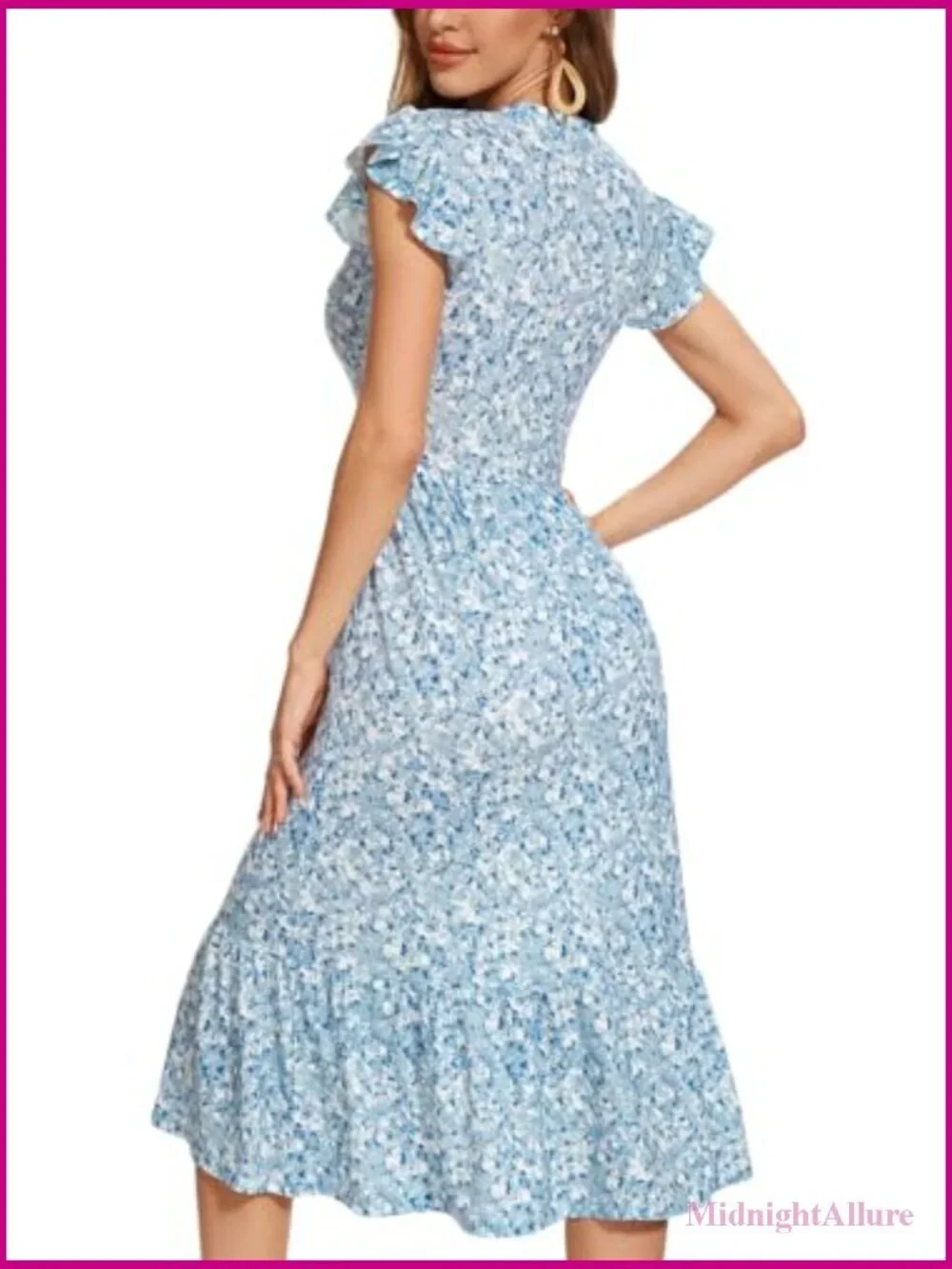 Midi Dress with Pockets Ruffle Sleeve Notched Neck A-Line Boho Beach Sundress